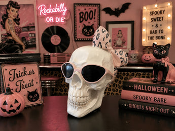 New Pink Skull Rockabilly W/ Glasses & Bow Halloween Skull Room Decor Figurine