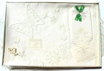 Vtg DONEGAL PURE Irish LINEN Butterfly Supercloth Set EMBROIDERY CUTWORK CROCHET