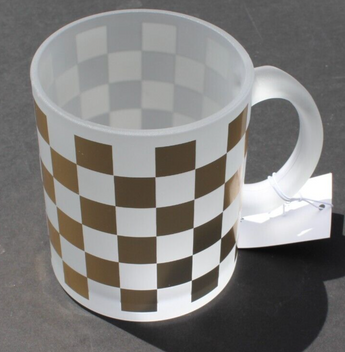 New MCM Dwell Studio Gold Checkerd Abstract Frosted Glass Mug Coffee Cup 12 oz