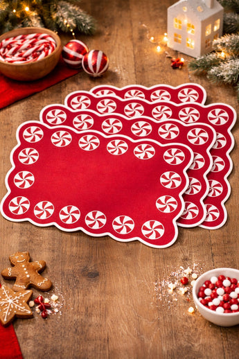New Set Of 4 Red / White Christmas Peppermint Candy Swirl Table Placemats 13X19