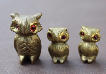 Vintage 3 Mini Miniature Bass Owls Figurine Statue Glass Eyes