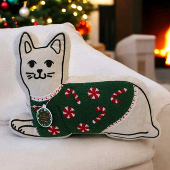 New Large Green / Red Cat Kitten Peppermint Candy Christmas Decor Throw Pillow