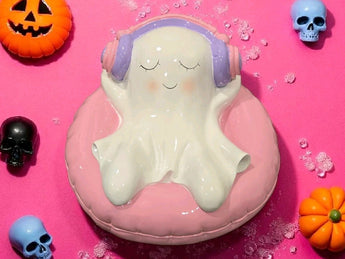 New Pink Girl Ghost W/ Headphone On Pool Float Halloween Spooky Decor Figurine