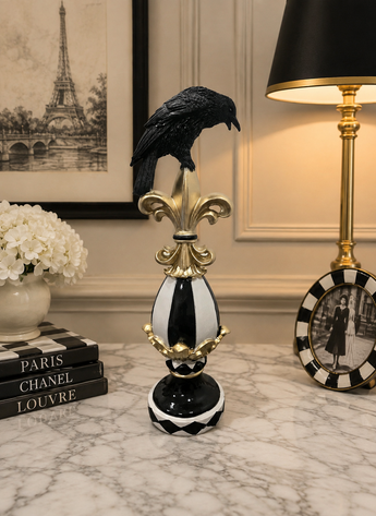New Black & White Stripes Halloween Crow Perched Fleur de Lis Resin Decor Figure
