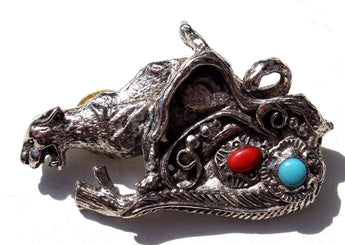 Vtg 1970's NAVAJO Turquoise CHEETAH Cougar Running Hat Pin Button Pinback
