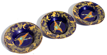 3 Vtg 1920s HH&G Ltd England Hand Painted Blue GOLDEN MOON 4.5" Tea Cup Plate