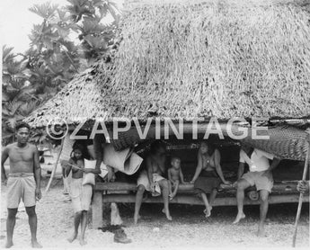 Vintage WWII Japanese Family Under Hut On Island Photo Image #1783