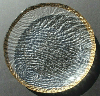 Vintage MCM Swirl Art Glass Plate Textured Platter Gold Trim 8 1/2" Across
