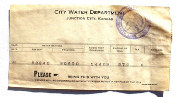 Rare Vtg July 1945 City Of Water Department Water Bill Junction City, Kansas