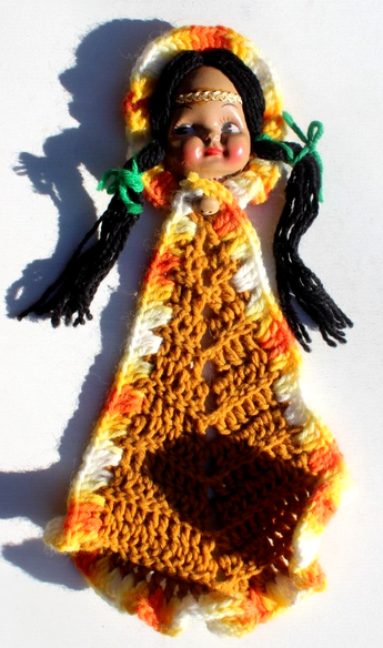 Vintage Plastic Native American Indian Girl Doll Croche Pot Crochet