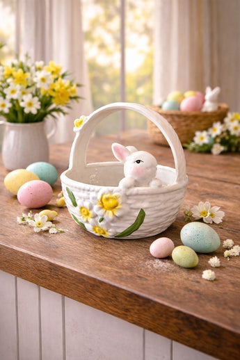 New Easter Bunny Basket Ceramic White Daisy Flower Candy Dish Spring Decor