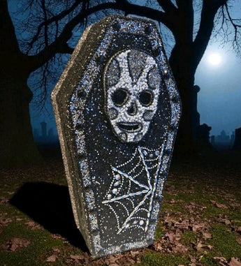 New LRG Black & White Skull Spider Web Halloween Beaded Coffin Box Storage Box