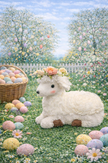 New White Holiday Easter Sheep Fuzzy W/ Flowers On Gead Figurine Room Decor