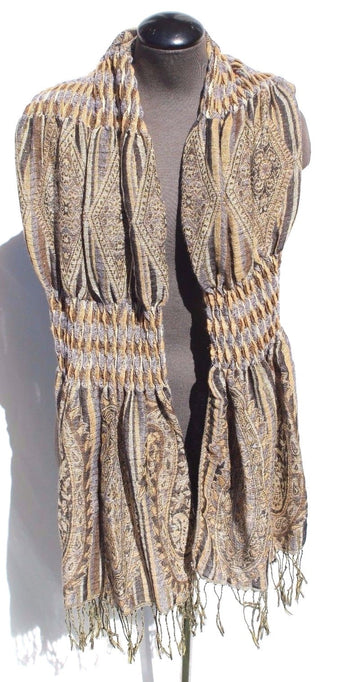 Vintage Brown & Gold Scarf Wrap W/ Fringe