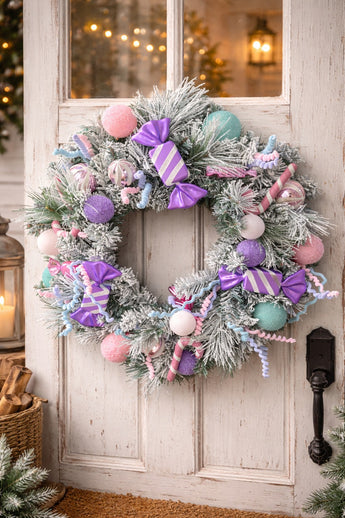 New Candy, Cady Cane Cupcakes Sweet Shop Bakery Pink Purple Large Wreath Decor