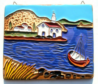 Vtg Hand Crafted Greek Dedallos Co Greece Decorative Hanging Tile 9" X 7 1/2"