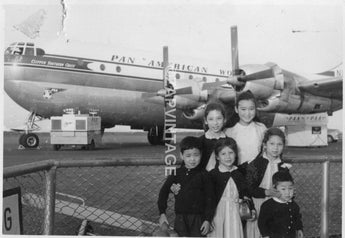 Vtg 1940s Kids In Hawaii On Tarp Pit W/ Pan American World Airplane Photo #2356