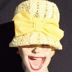Vtg 1960s Yellow Retro Mod Bucket Top Special Occasion Women's Hat W/ Bow