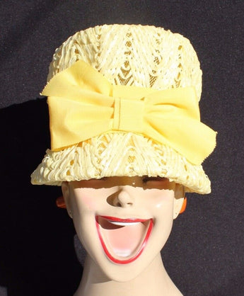 Vtg 1960s Yellow Retro Mod Bucket Top Special Occasion Women's Hat W/ Bow