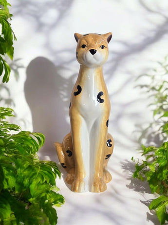 New LRG Tan & Black Ceramic Leopard Figurine MCM Cheetah Statue Room Decor