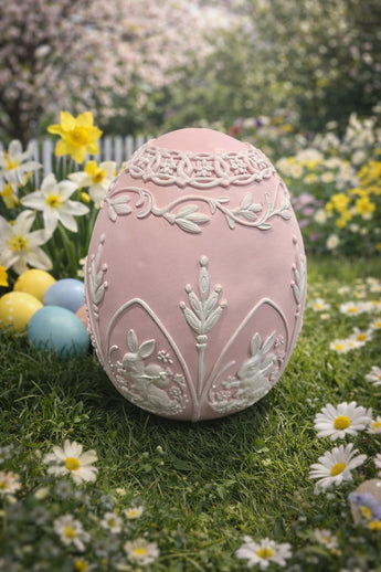 New Large Resin Pink / White Cameo Etched Easter Egg Engraved Bunny Rabbit