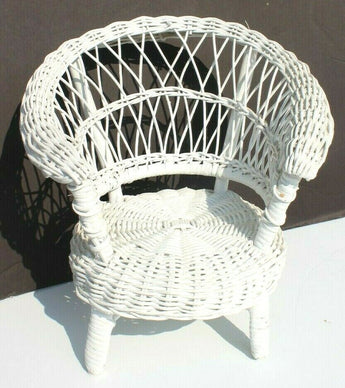 Vintage Large White Circular Shabby Chic Wicker Rattan Doll Chair Chair 10" Tall