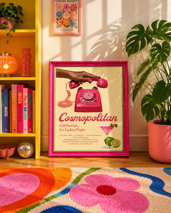 New Pink Cosmopolitan Cocktail Framed Wall Art Retro Telephone Ladies Night Bar