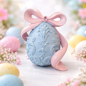 New Large Resin Blue Cameo Holiday Decorative Easter Egg W/ Large Pink Bow