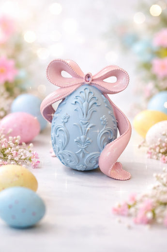 New Large Resin Blue Cameo Holiday Decorative Easter Egg W/ Large Pink Bow
