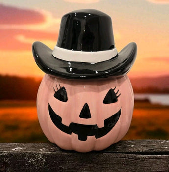 New Lrg Halloween Pink Cowgirl Western Spooky Cookie Jar Storage Conister Decor