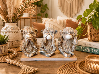 New BOHO Imitation Wicker Rattan 3 Monkeys Statue Home Decoration Figurie Statue