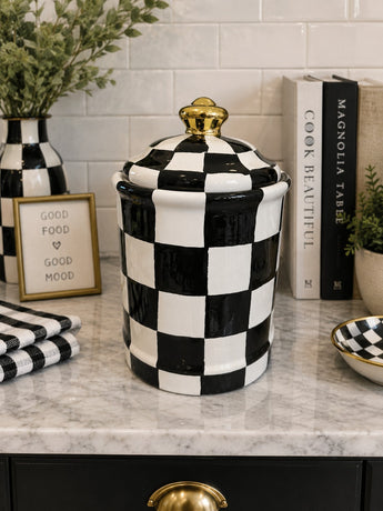 New Black & White Gold Checkered Circus Kitchen Cookie Jar Kitchen Canister