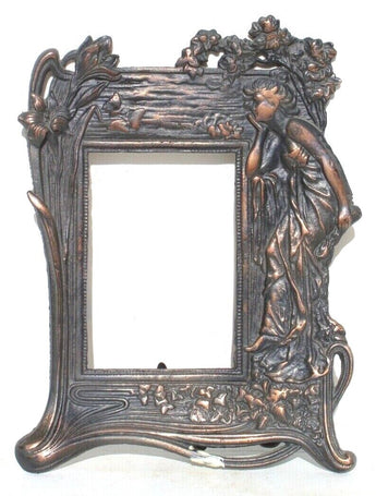 Vintage Art Nouveau Deco Metal Copper Look Picture Frame w/ Stand Lady In Garden