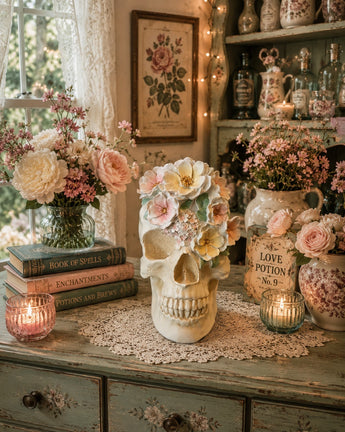 New Large White Skull With Pink Flowers Holiday Halloween Figurine Statue