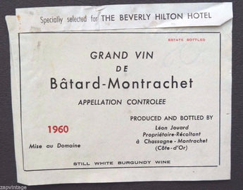 Vintage 1960 Grand De Batard Montrachet Paper French WINE LABEL Beverly Hilton
