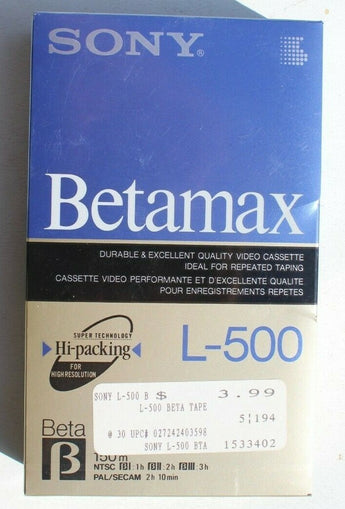 Sealed Sony Betamax L-500 Quality Video Cassette 2hr 10Min - NOS