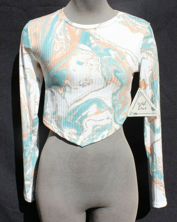 New Women's Long Sleeve Marble Design Crop Top V Bottom Emo Girl Indie Core