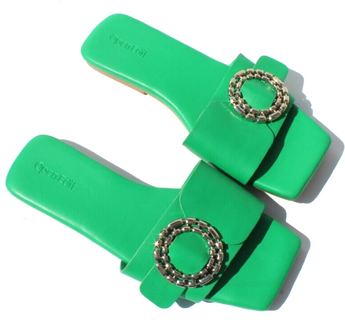 New Nordstrom Open Edit Lely Vegan Leather Green Square Toe Slide Sandals Sz 6.5