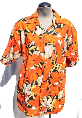 Vtg Men’s Par Excellence Retro Orange Hawaiian Flower Button Down Collar Shirt L