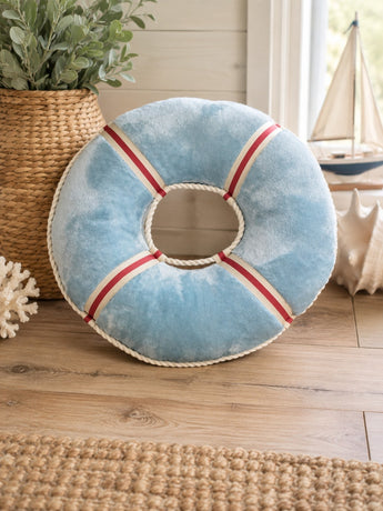 New Blue Life Preserver Ring Plush Throw Pillow Nautical Coastal Beach Decor