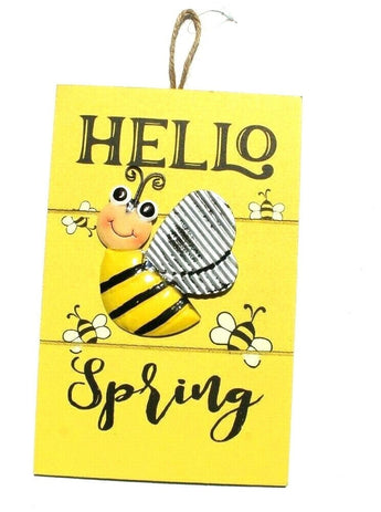 Bumblebee HELLO SPRING SIGN Bee Plaque Family Decor Wall Door Seasonal Hanger