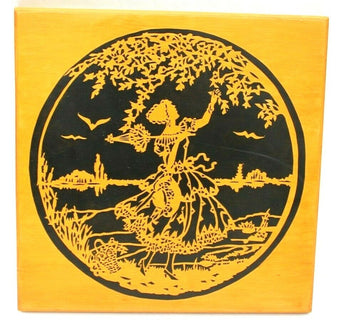 Vtg Antique Art Nouveau Silhouette Woman Picking Flowers Wood Sign Plaque Art