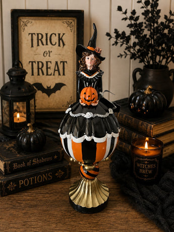 New Orange & Black Witch Pumpkin Pedestal Spooky Halloween Figurine Decor