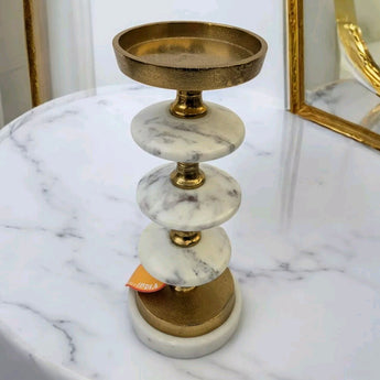 New MCM Retro Gold White India Marble Candle Stand Holder Tablel Room 13" Tall
