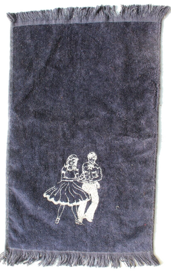 Vtg Dark Blue Fieldcrest Fringed Doo Woop Boy & Girl Dancing Face Hand Towel