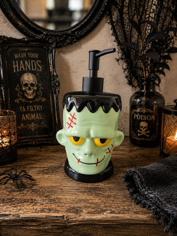 New Green Ceramic Frankenstein Head Spooky Halloween Soap Dispenser Decoration