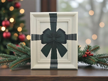 New Framed Christmas Green Ribbon Bow Wrapped Present Holiday Wall Art