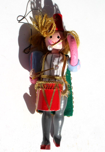 VTG 1970's Lrg WOOD / Wooden GIRL Playing Drum Christmas Tree Ornament