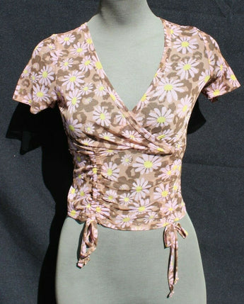 Women's Pink Brown Daisy Mesh Groovy Retro Crop Top Emo Girl Indie Core Shirt
