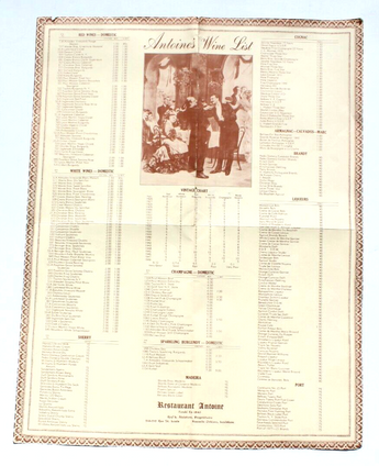 Vintage Restaurant Antonie 713-717 Rue St. Louis Louisiane Wine Menu
